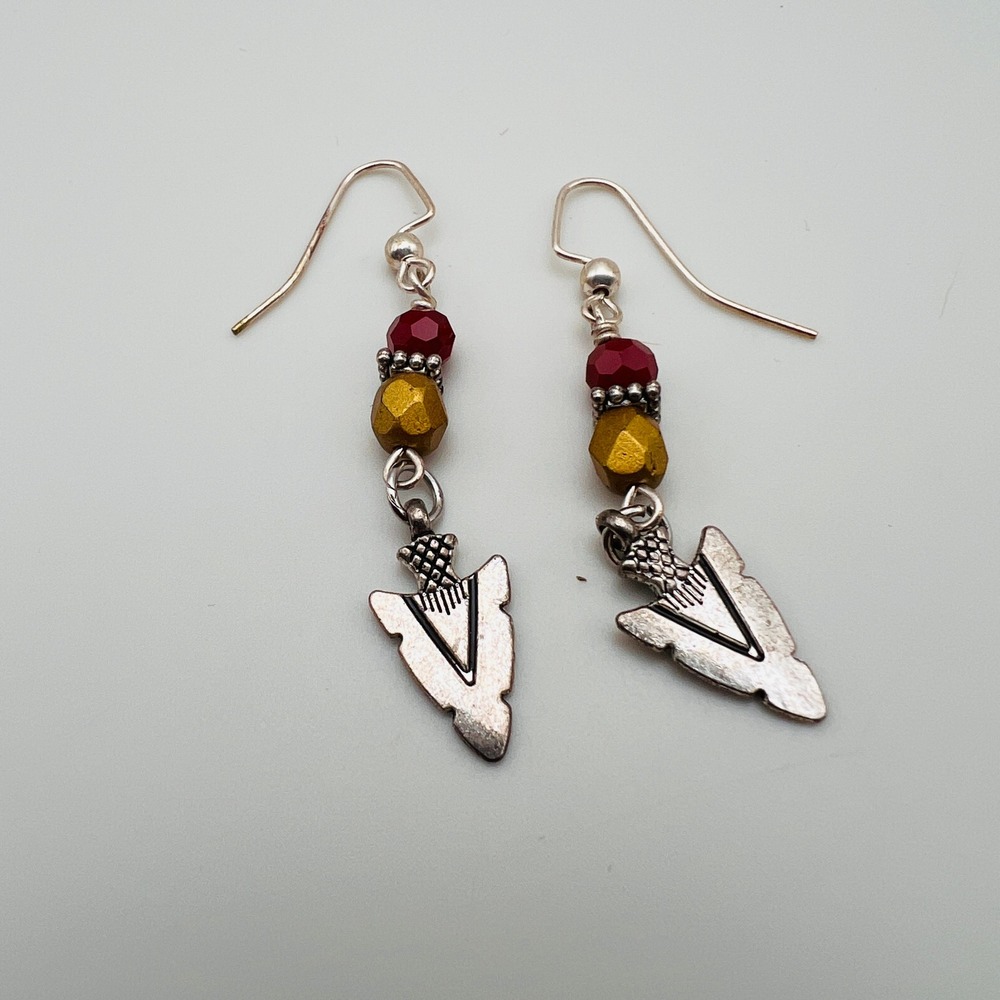 Silver Tone Arrowhead Dangle Earrings Red and Gold Beads Boho Southwestern Style